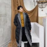 KK864P235 Winter Plaid Collar Fake Two-piece Design Men's Mid-length Cotton Jacket