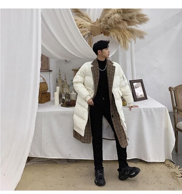 KK864P235 Winter Plaid Collar Fake Two-piece Design Men's Mid-length Cotton Jacket