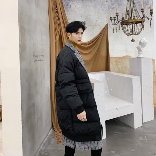 KK864P235 Winter Plaid Collar Fake Two-piece Design Men's Mid-length Cotton Jacket