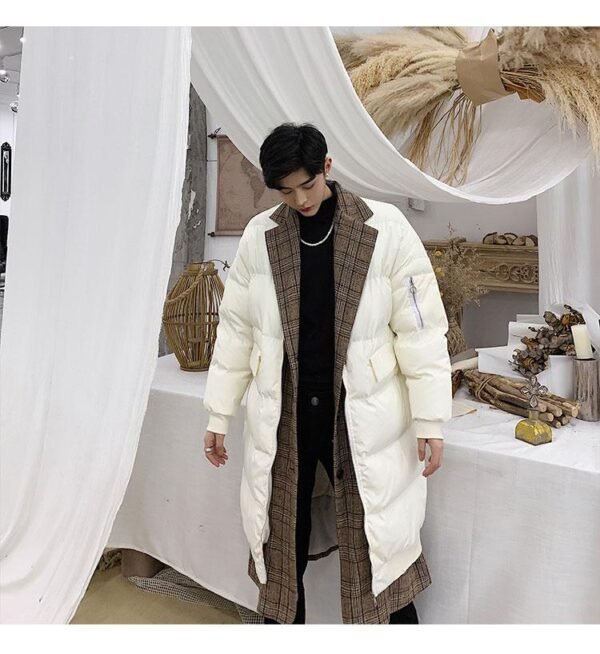 KK864P235 Winter Plaid Collar Fake Two-piece Design Men's Mid-length Cotton Jacket