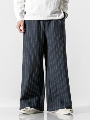 Retro Casual Plus Size Trousers Wide Leg Pants Striped Pants Cotton Pants for Man