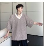 KK1658/P60 Geometric Pattern V-Neck Pullover Loose T-shirt
