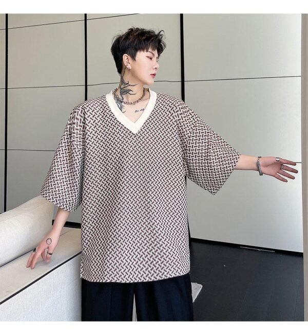 KK1658/P60 Geometric Pattern V-Neck Pullover Loose T-shirt