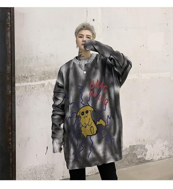 Kk1303p85 Autumn and Winter Pikachu Pattern Tie Dye Round Neck Men's Pullover Sweater