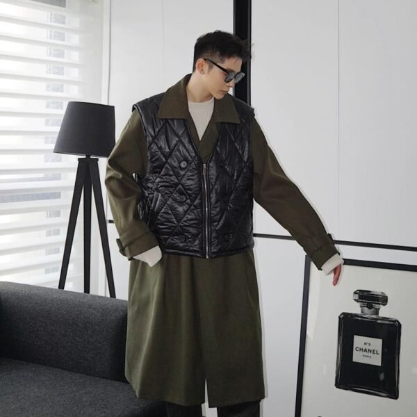 A345-1606-P225 Army Green Long Coat and Two-piece Black Cotton Vest