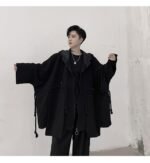 Dark Large Pocket Bat Sleeve Loose Hooded Trench Coat