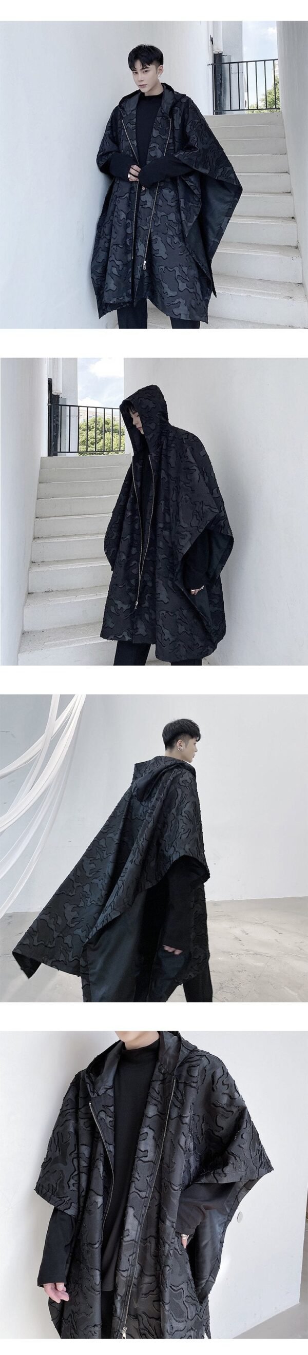 687 Yamamoto Dark Wind High Set Three Dimensional Pattern Hooded Cloak Medium Long Windbreaker Trend