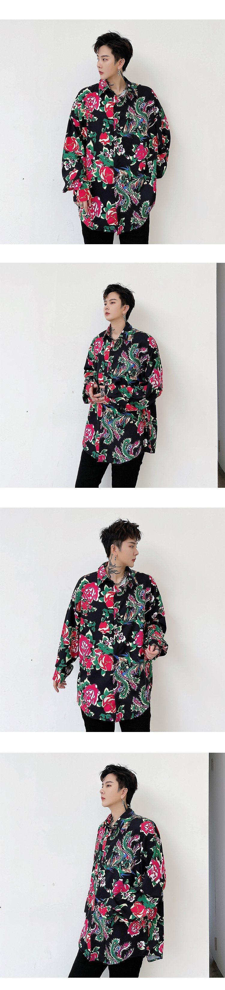 8057-P55INS Trendy Hip Hop Fried Street Net Red Peony Neutral Loose Shirt