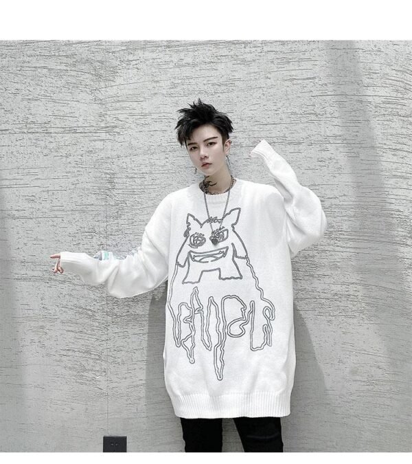 Kk1524 Little Monster Pattern Sleeve Letter Print Men's Loose Thick Sweater