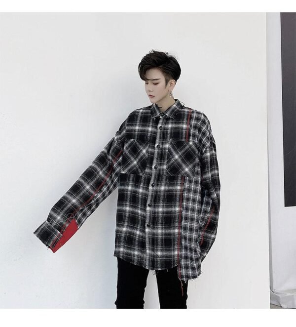 KK1453 Plaid Colliding Color Design Men's Loose-sleeved Shirt
