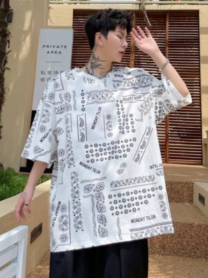KK1656/P70 Letter Cashew Flower Printed Loose T-shirt