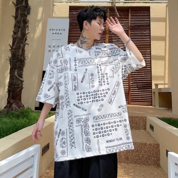 KK1656/P70 Letter Cashew Flower Printed Loose T-shirt