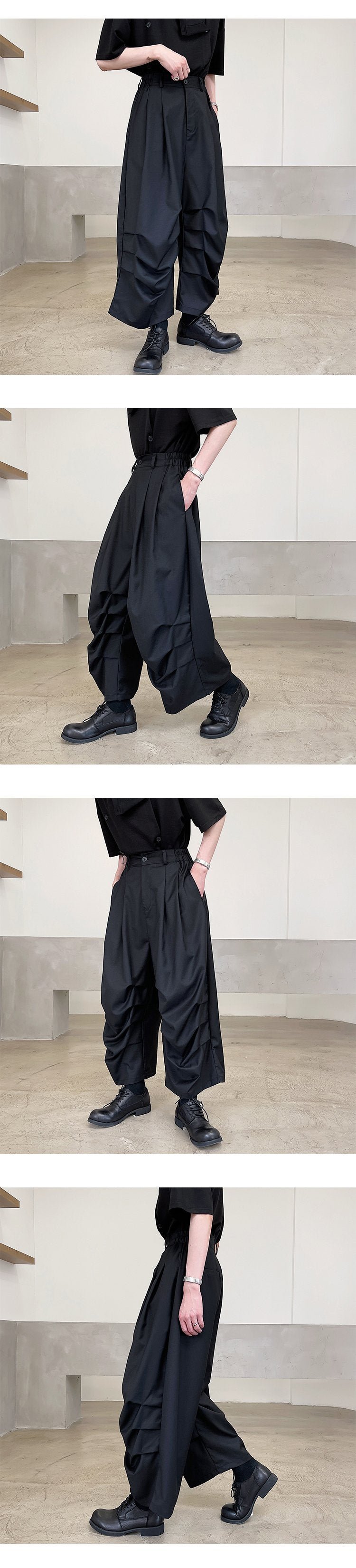 2382-P75 Personality Fold Design Dark Style Wide-leg Cropped Trousers