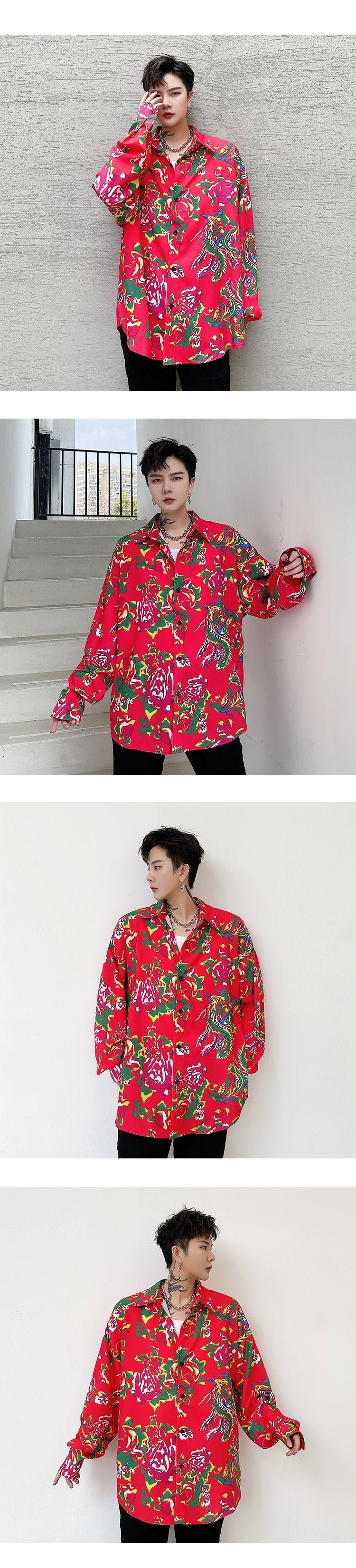 8057-P55INS Trendy Hip Hop Fried Street Net Red Peony Neutral Loose Shirt