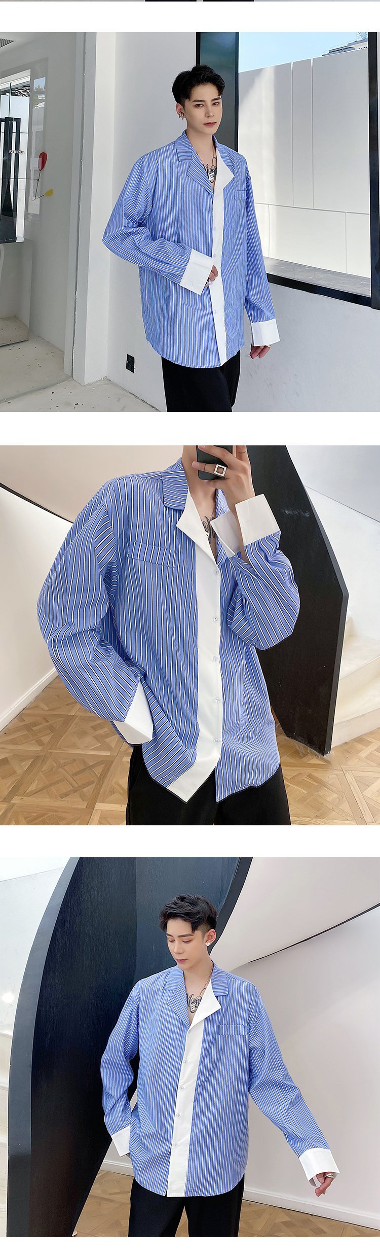 A452 blue vertical stripes long sleeve shirt