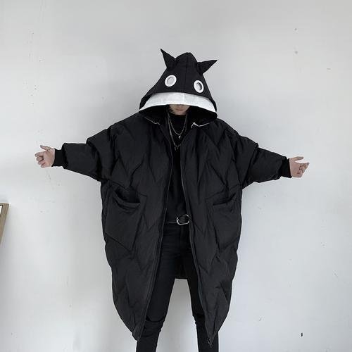 KK1300P210 Winter Contrast Color Double-hat Design Men's Loose Mid-length Cotton Coat