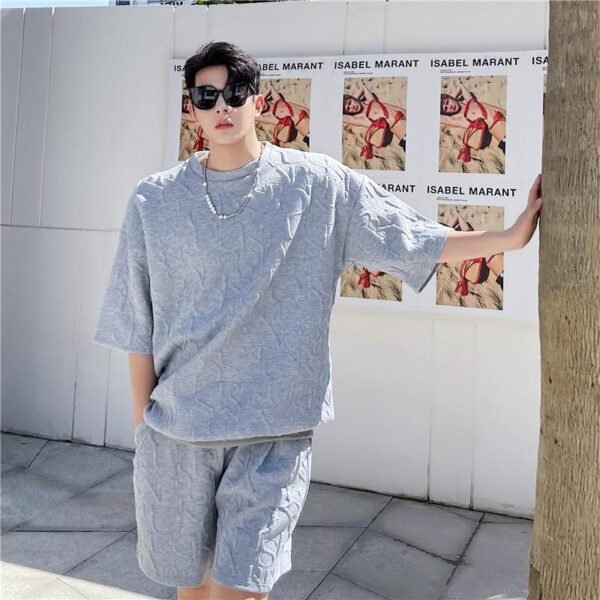 P85 Ribbed Hem T-sleeve High Temperature Three-dimensional Embossed Summer Short-sleeved Shorts Suit