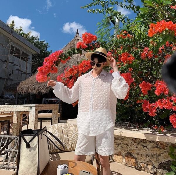 A345-1106-P75 White Embossed Hawaiian Holiday Beach Long Sleeve Thin Shirt Men