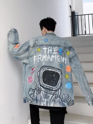 8034-P130 Washed and Old Hand-painted Cartoon Elements Denim Jacket