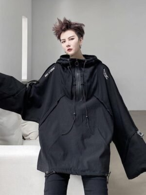 B251A-WY02-P155 Dark Oversize Loose Cape Hooded Windbreaker Jacket