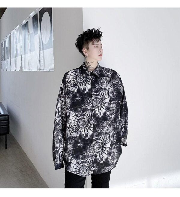 KK1499 Tie Geometric Pattern Print Men's Loose Long-sleeved Shirt