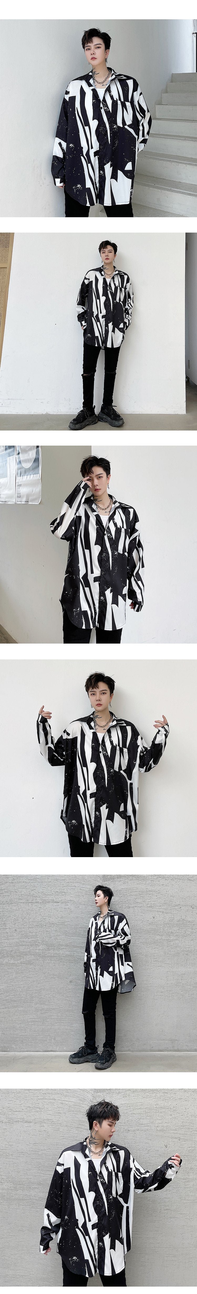 CS16-P70 Niche Design Long-sleeved Black and White Floral Shirt
