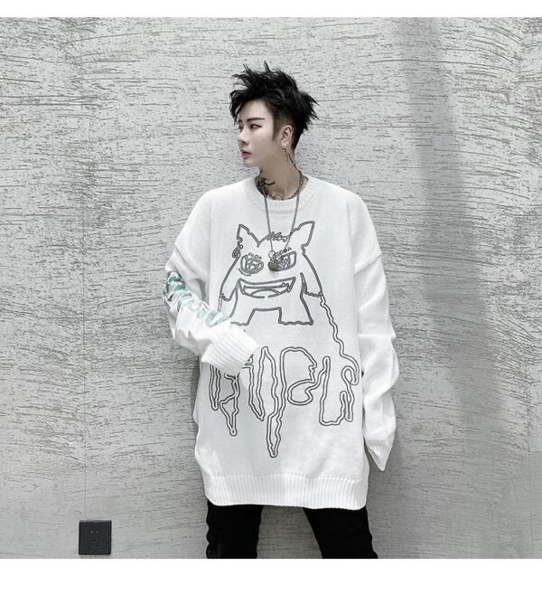 Kk1524 Little Monster Pattern Sleeve Letter Print Men's Loose Thick Sweater