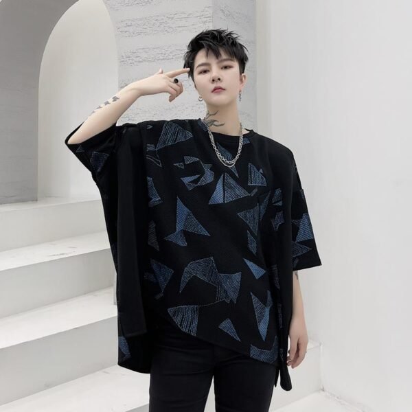 KK1623/P80 Geometric Pattern Printed Patchwork Falling Shoulder Loose Short Sleeve T-Shirt