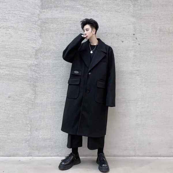 KK1534 Multi-pocket Label Lapel Loose Men's Mid-length Woolen Coat
