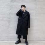 KK1534 Multi-pocket Label Lapel Loose Men's Mid-length Woolen Coat