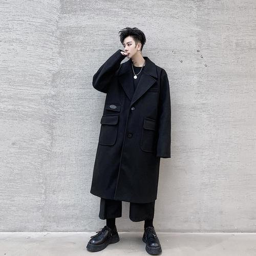 KK1534 Multi-pocket Label Lapel Loose Men's Mid-length Woolen Coat