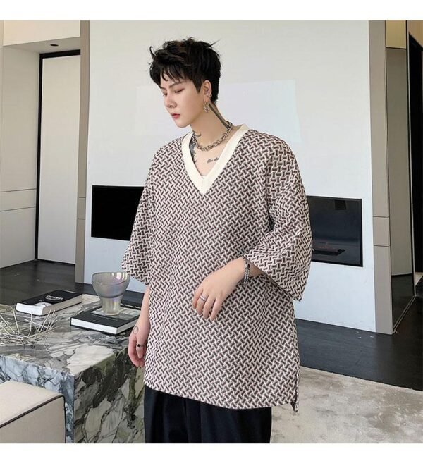 KK1658/P60 Geometric Pattern V-Neck Pullover Loose T-shirt