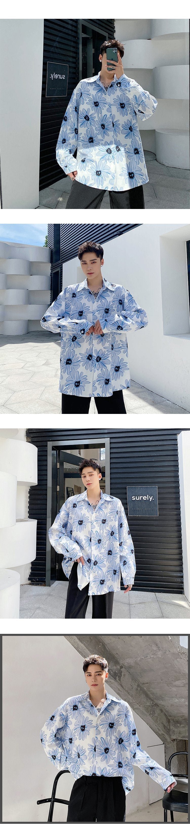 A261 Original Design Retro Style Ink Orchid Fashionable Loose Long Sleeve Shirt