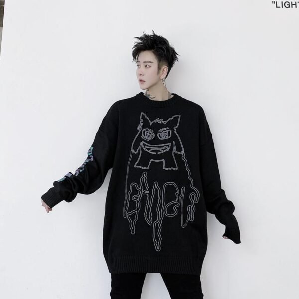 Kk1524 Little Monster Pattern Sleeve Letter Print Men's Loose Thick Sweater