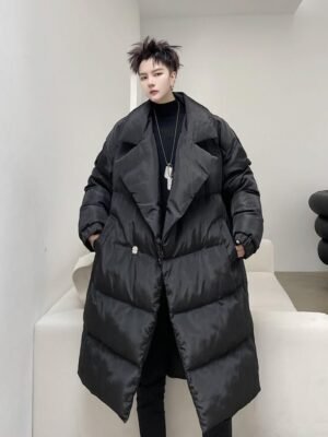 KK1572/P190 Winter Solid Color Dark Button Large Lapel Long Cotton Jacket