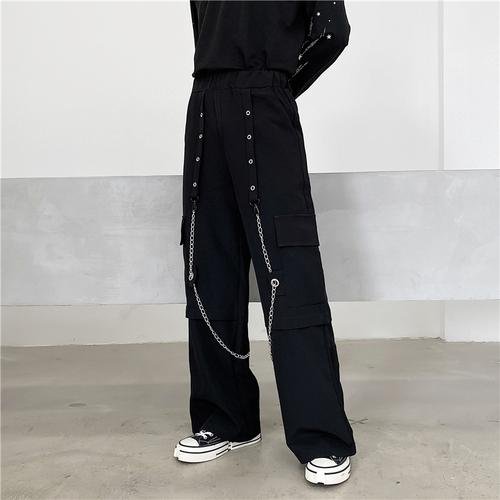 Trendy Outfits Loose Wide Leg Stereo Pocket Overalls Mens Goth Pants Chain Baggy Pants