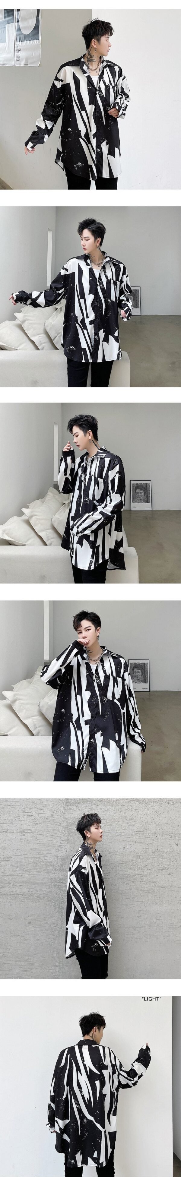 CS16-P70 Niche Design Long-sleeved Black and White Floral Shirt