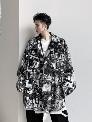 D563 Dark Cartoon Pop Print Denim Jacket