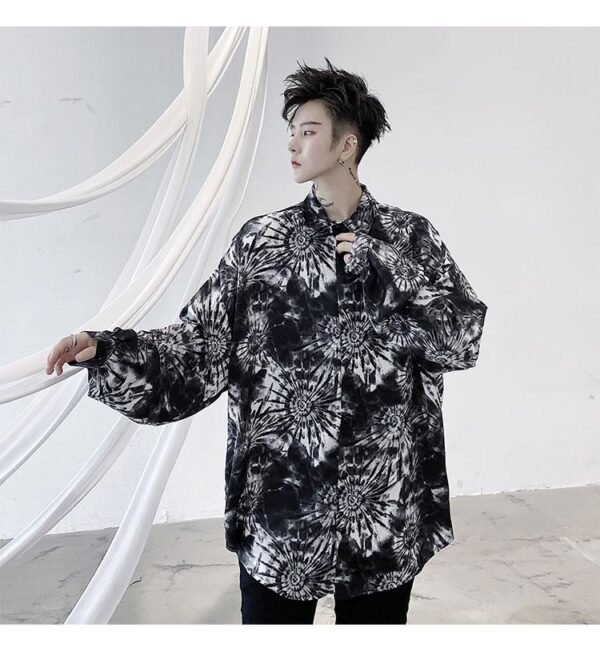 KK1499 Tie Geometric Pattern Print Men's Loose Long-sleeved Shirt