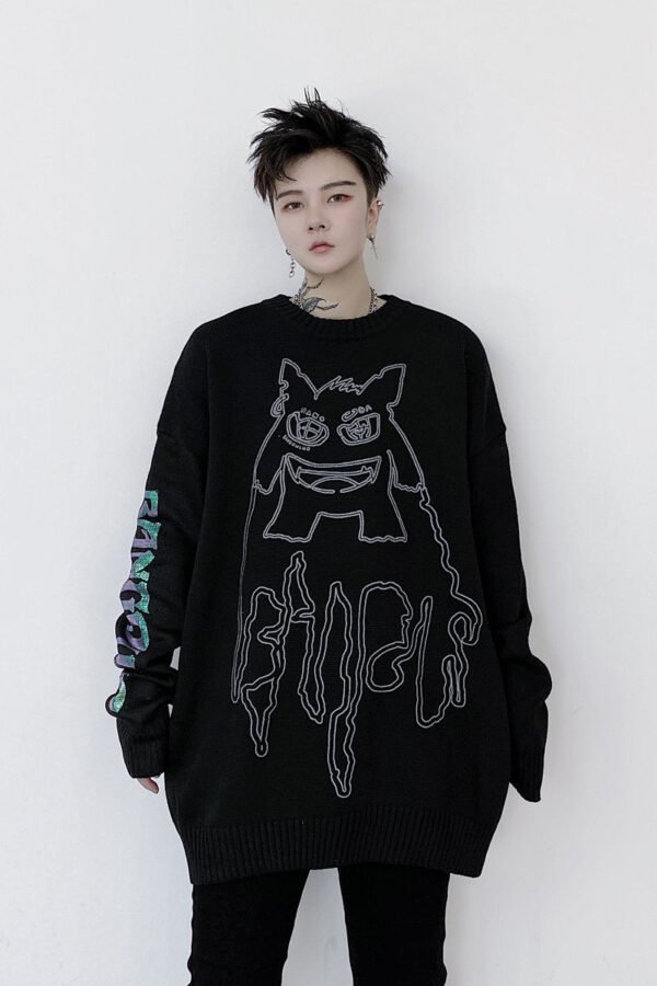 Kk1524 Little Monster Pattern Sleeve Letter Print Men's Loose Thick Sweater