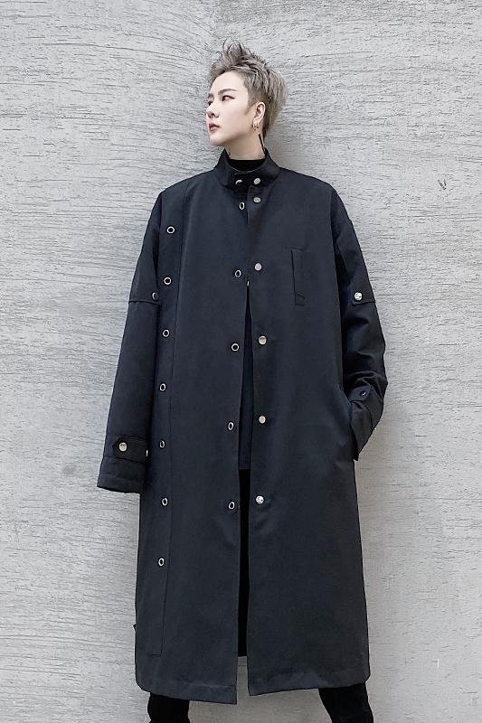 F419 New Men's Long Windbreaker Stand Collar Over The Knee Loose Trendy Casual Jacket