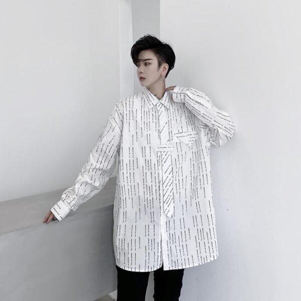 KK1452 Letter Printing Fixed Tie Design Men's Loose Long Sleeve Shirt