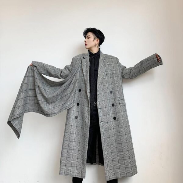 Fashion Design Long Windbreaker Double Breasted Coat Plaid Trench Coat Flannel Coat for Men