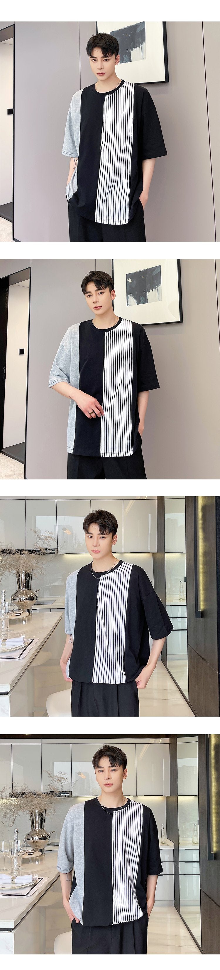 A452--6122--P60 Stitching Round Neck Casual Short Sleeves