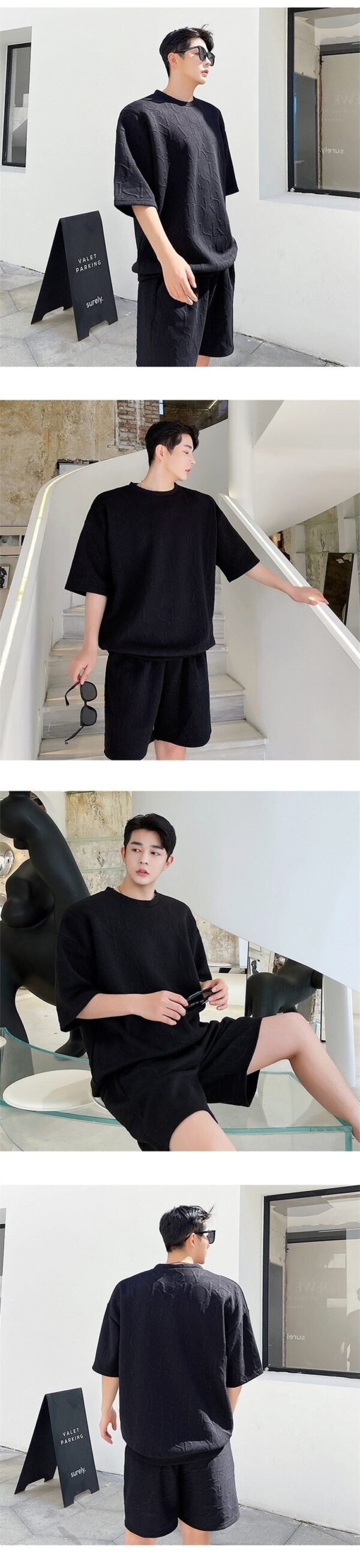 P85 Ribbed Hem T-sleeve High Temperature Three-dimensional Embossed Summer Short-sleeved Shorts Suit