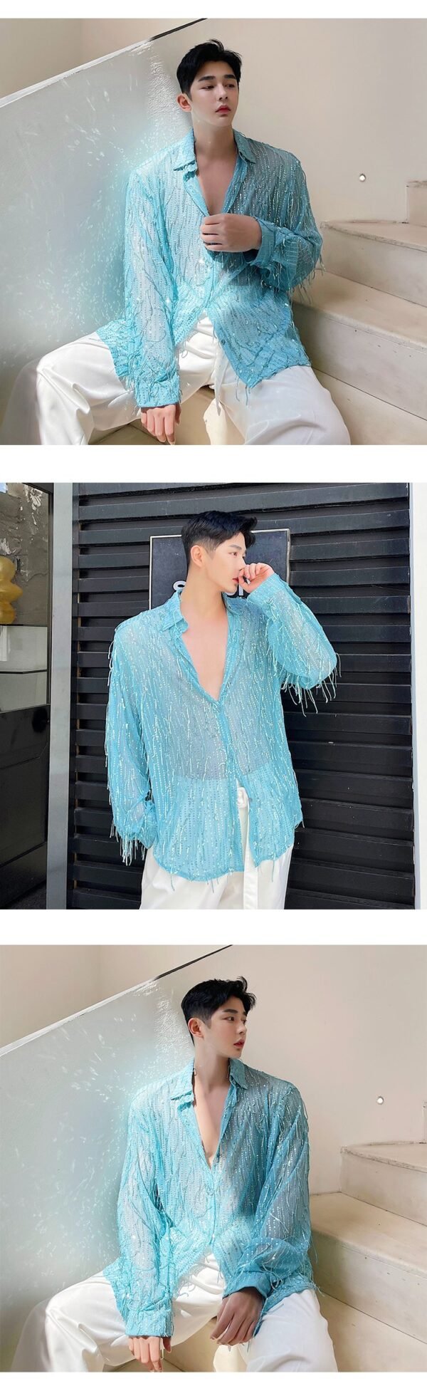 H1022 P105 Heavy Craft Irregular Sequin Tassel Shirt