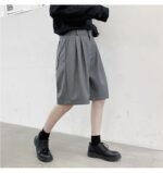 KK1375/P75 Double Live Pleat Design Loose Solid Color Casual Five-point Pants