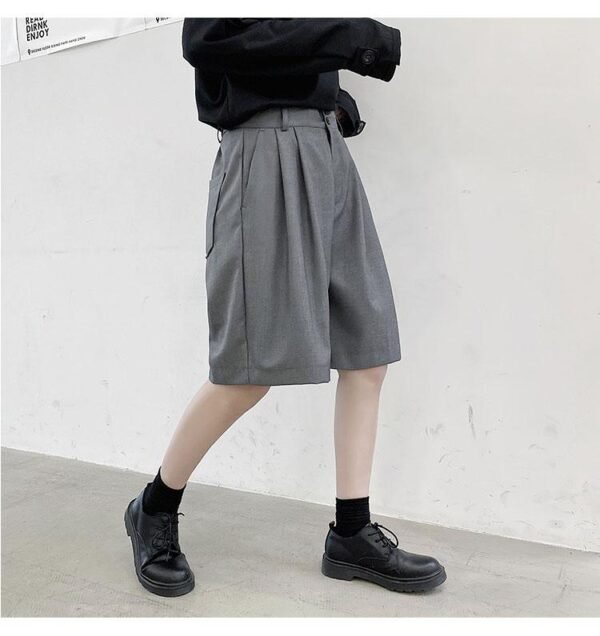 KK1375/P75 Double Live Pleat Design Loose Solid Color Casual Five-point Pants