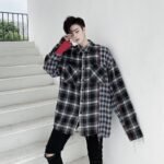 KK1453 Plaid Colliding Color Design Men's Loose-sleeved Shirt
