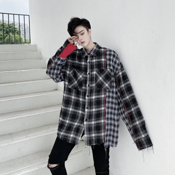 KK1453 Plaid Colliding Color Design Men's Loose-sleeved Shirt